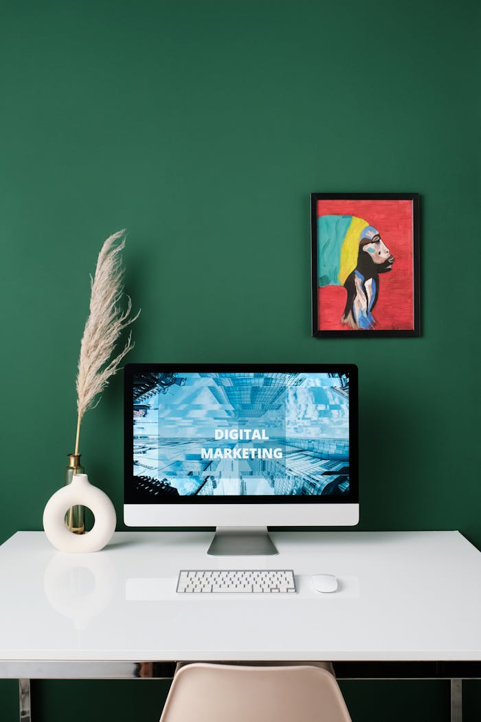 Crafting Captivating Headlines: Your awesome post title goes here A sleek modern workspace featuring digital marketing concepts on a computer screen and artistic decorations.